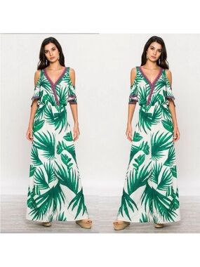 Flying Tomato Jumpsuit Green Tropical Leaf Print Wide Leg Cold Shoulder